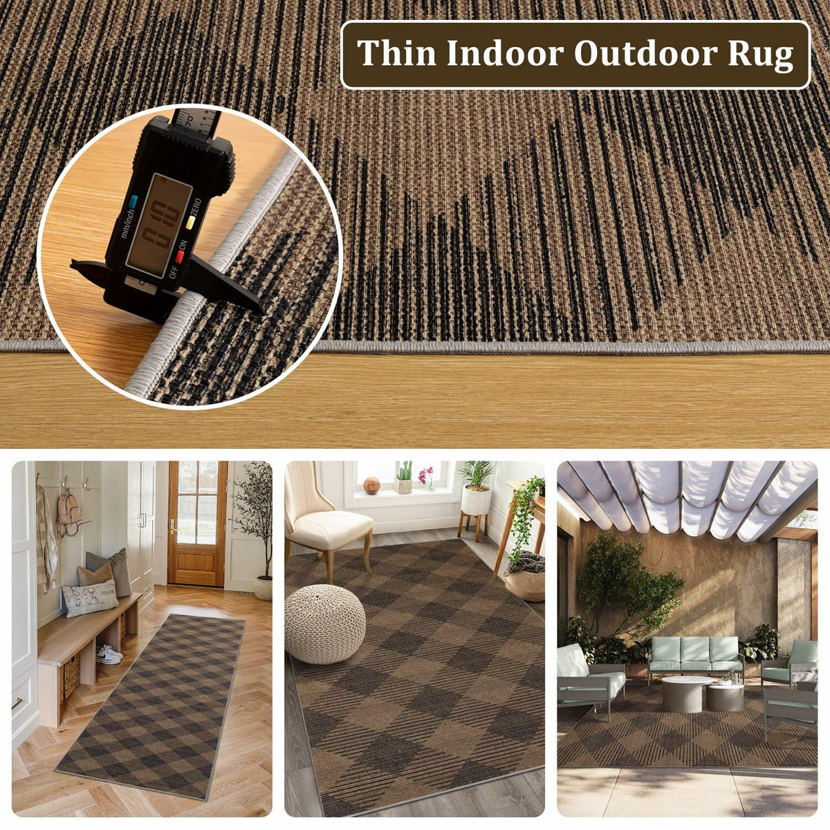 YIHOUSE Checkered Jute Rug 8x10 Brown Black Non Slip Indoor Outdoor