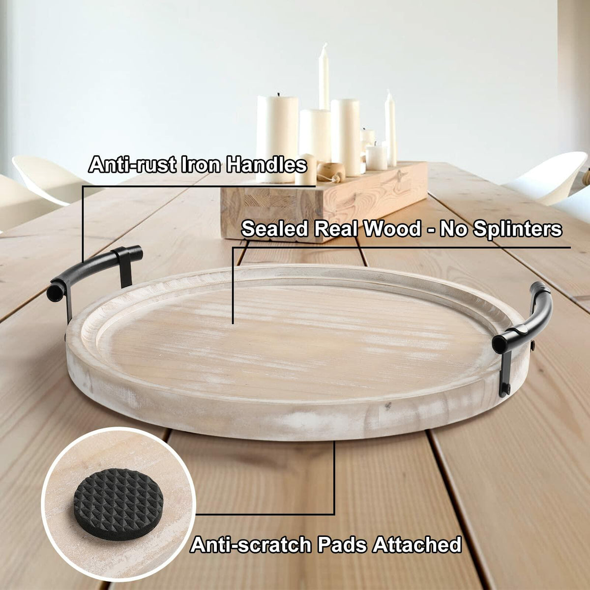 Round Wood Tray with Wood Bead Garland 13" Decorative Tray with Handles