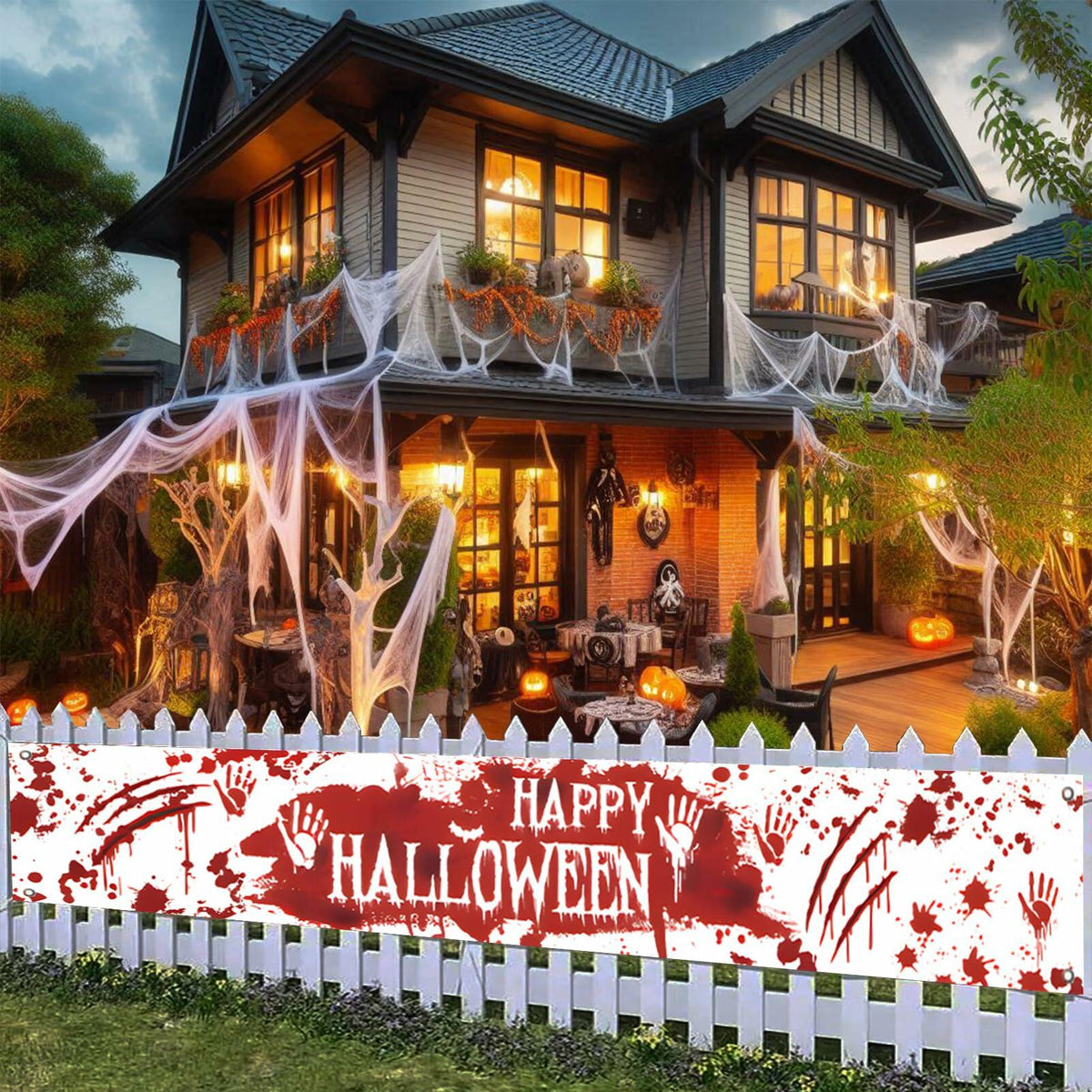 DENNSHH Happy Halloween Outdoor Banner 120x20 White Polyester Yard Sign