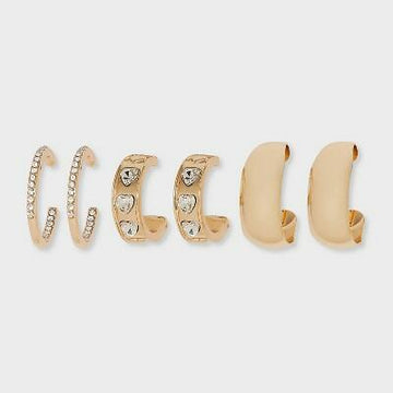 Wild Fable Cubic Zirconia Heart Hoop Earrings 3pc Gold