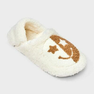 Womens Embroidered Smiley Face Cozy Fleece Pull-On Slipper Socks Ivory/Tan M/L