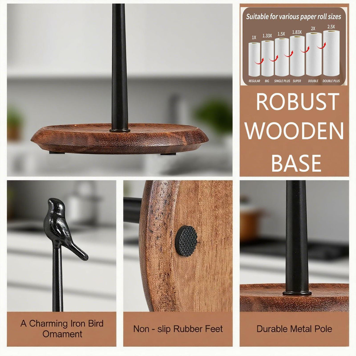 WLDDFF Black Stainless Steel Paper Towel Holder Countertop Weighted Stand