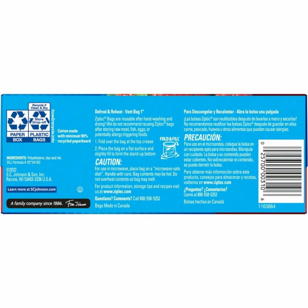 Ziploc Double Zipper Storage Bags Clear Plastic 0.6 lbs Size 2.5