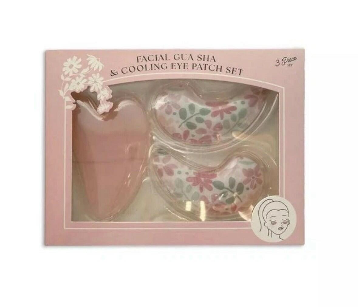 Tiger Eye gua sha + floral cooling eye patches, Pink 3-piece set
