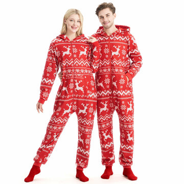 Giggling Getup Women Christmas Pajamas Hooded Nordic Print Red Size L