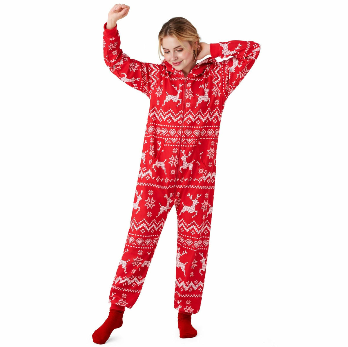 Giggling Getup Women Christmas Pajamas Hooded Nordic Print Red Size L
