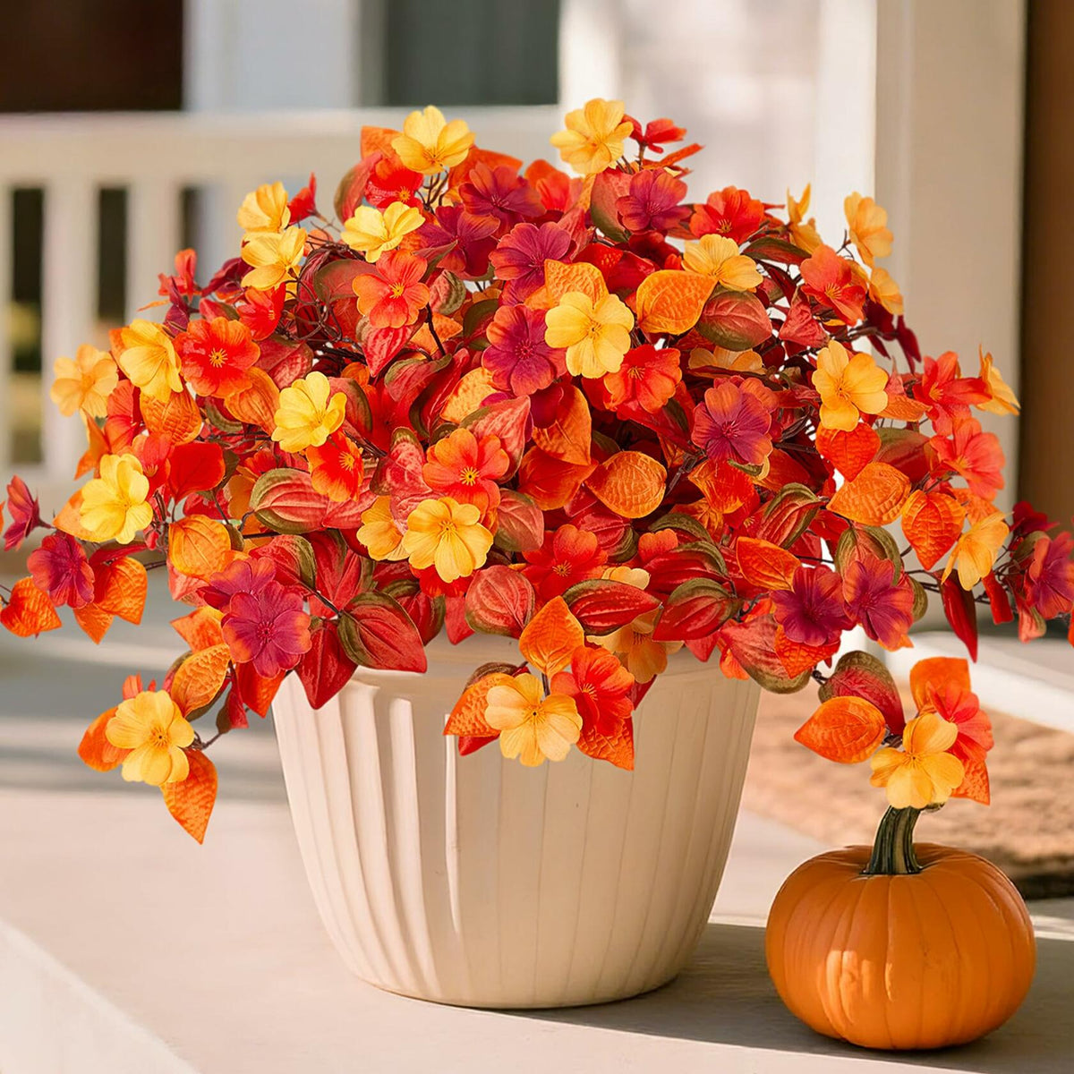 INXUGAO Artificial Fall Flowers 2PCS Faux Silk Orange Red Yellow UV Resistant
