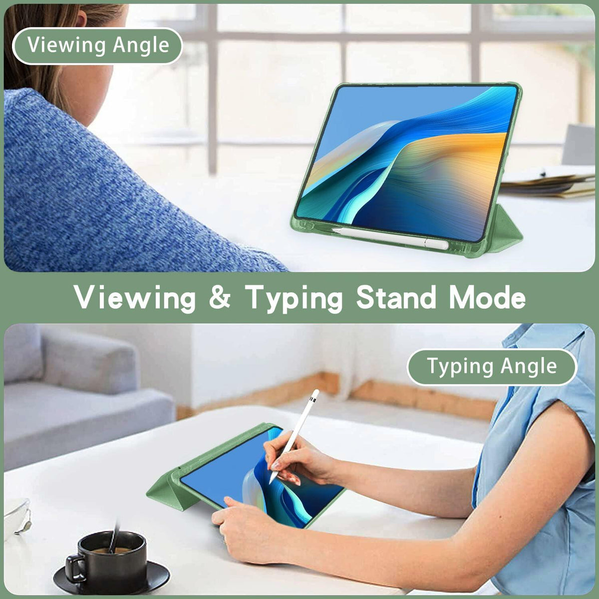 Wihytec iPad 5th/6th Gen Case Green Face Pencil Holder Trifold Stand