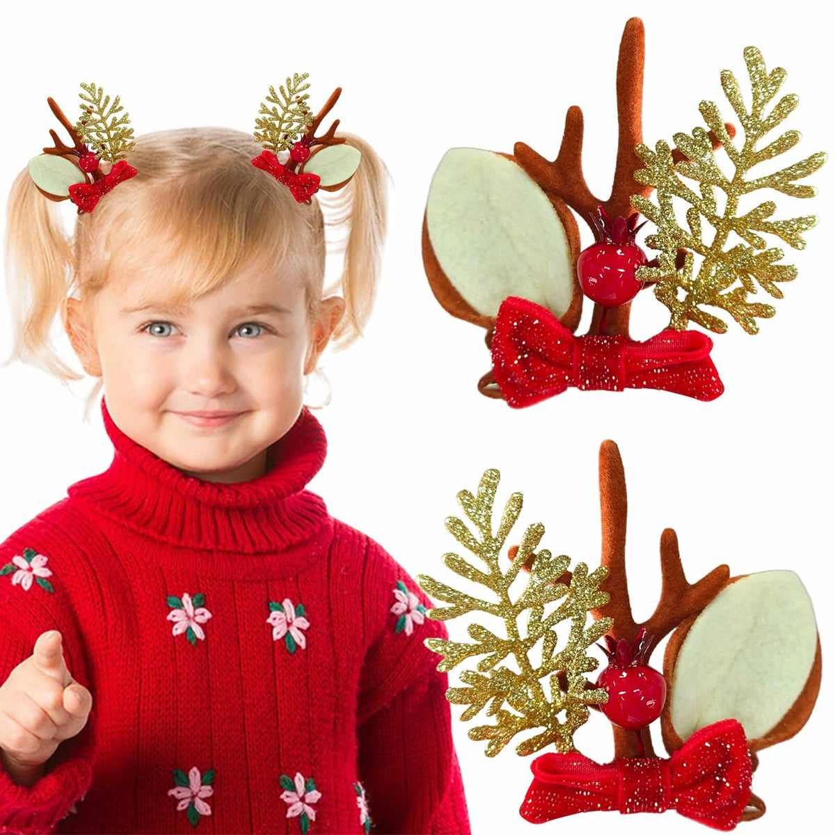 [Like New] Christmas Bow Hair Clips for Girls Red Gold Antler Design 2PCS