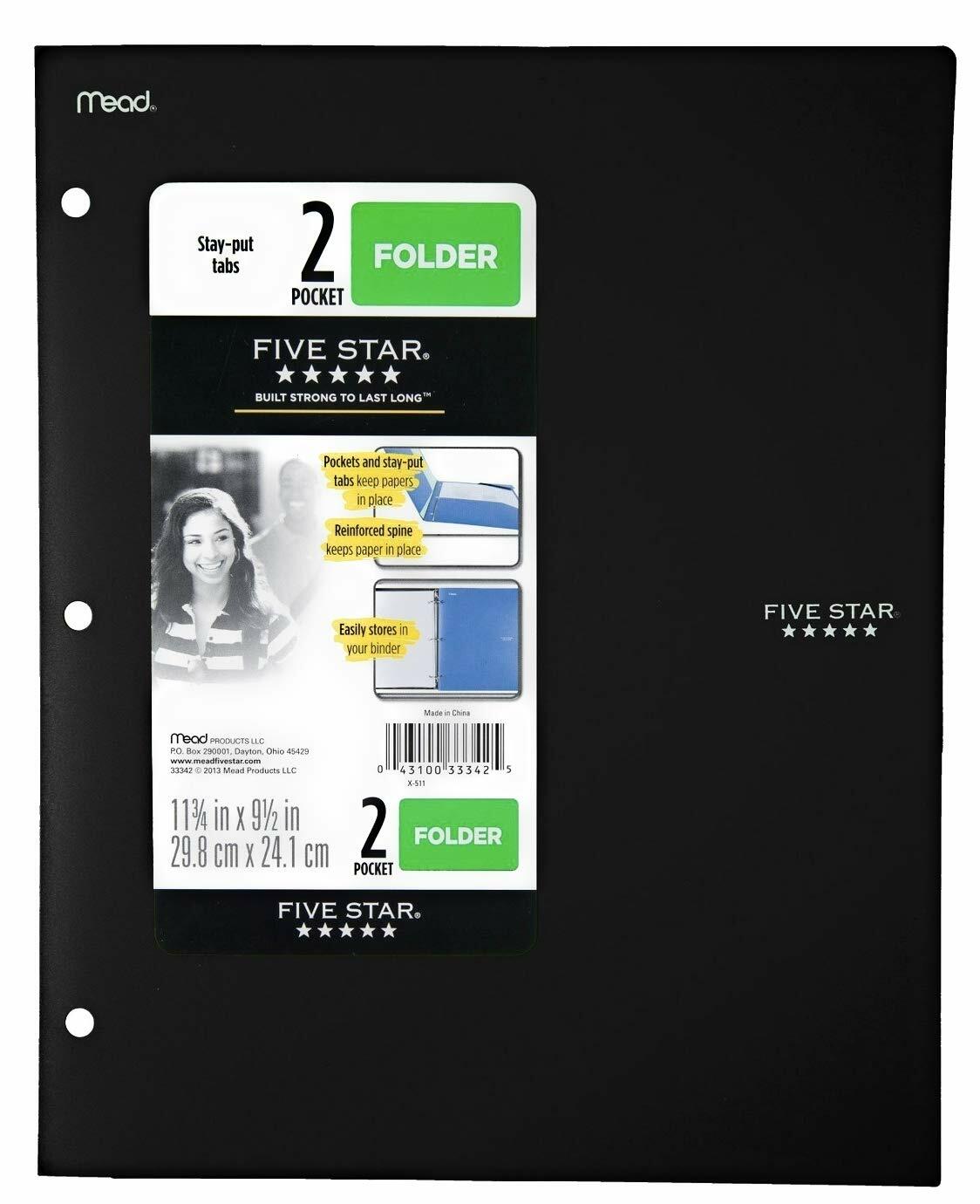 Five Star Mead 2 Pocket Folder with Stay-Put Tabs Black