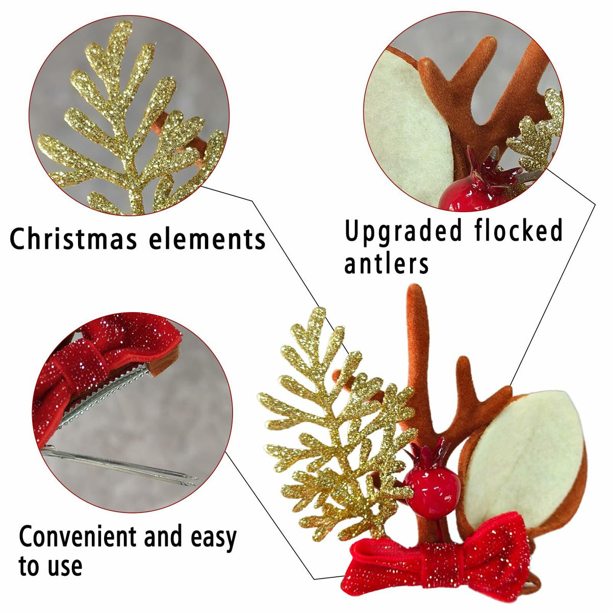 [Like New] Christmas Bow Hair Clips for Girls Red Gold Antler Design 2PCS
