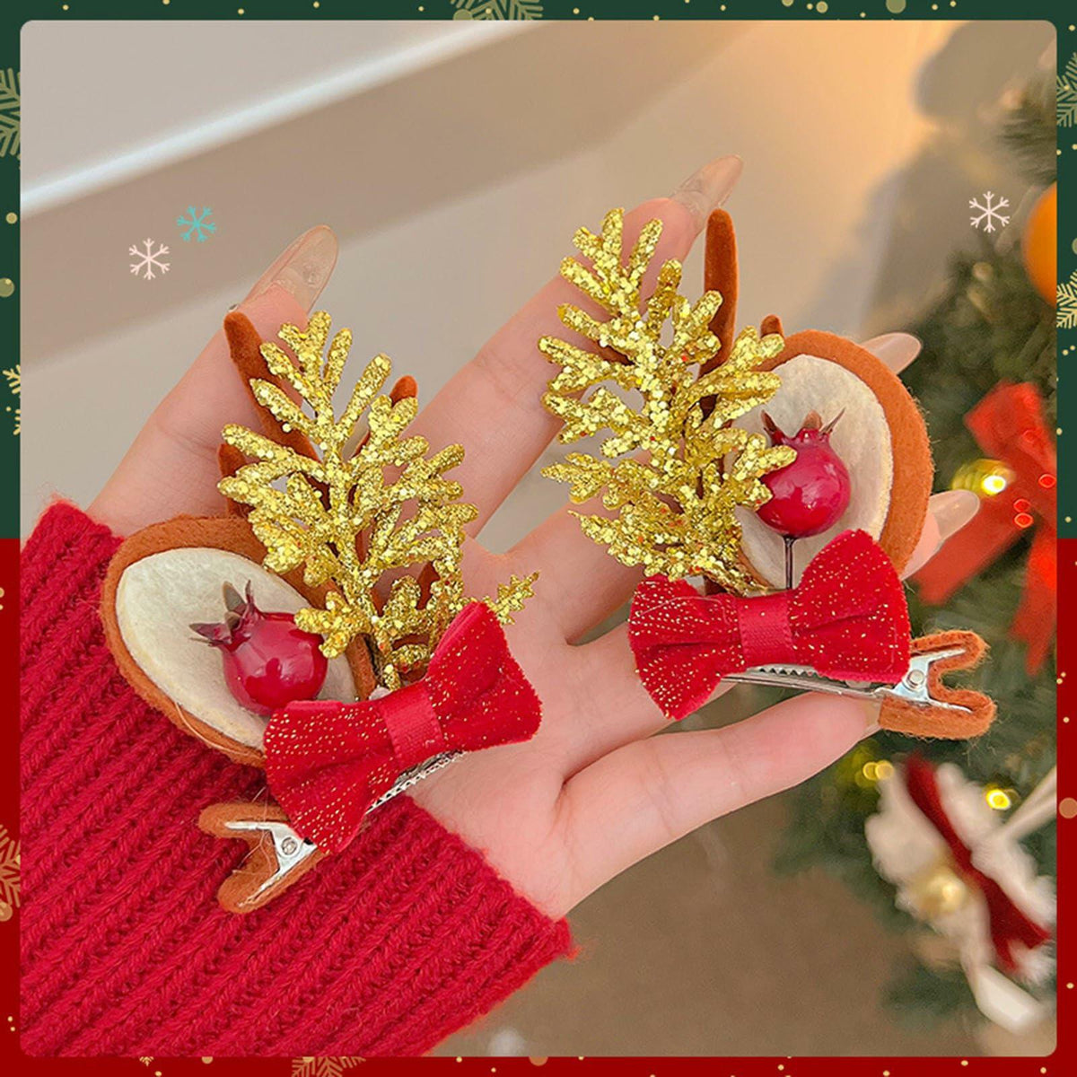 [Like New] Christmas Bow Hair Clips for Girls Red Gold Antler Design 2PCS