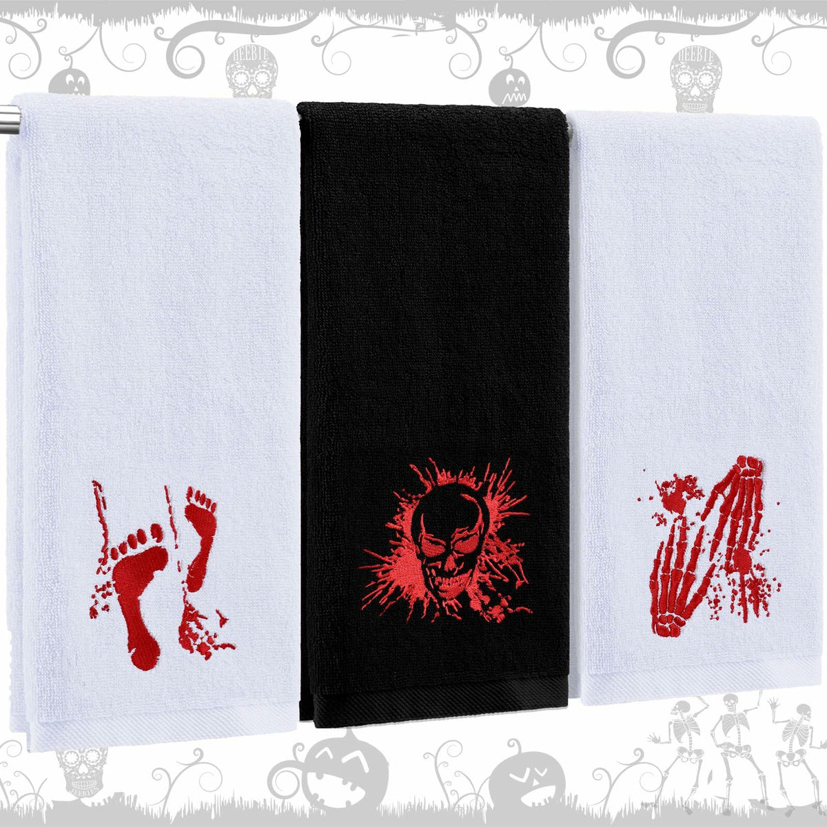 Fanfanwin Halloween Embroidered Cotton Hand Towels 13.7x29.5 3pc White Black