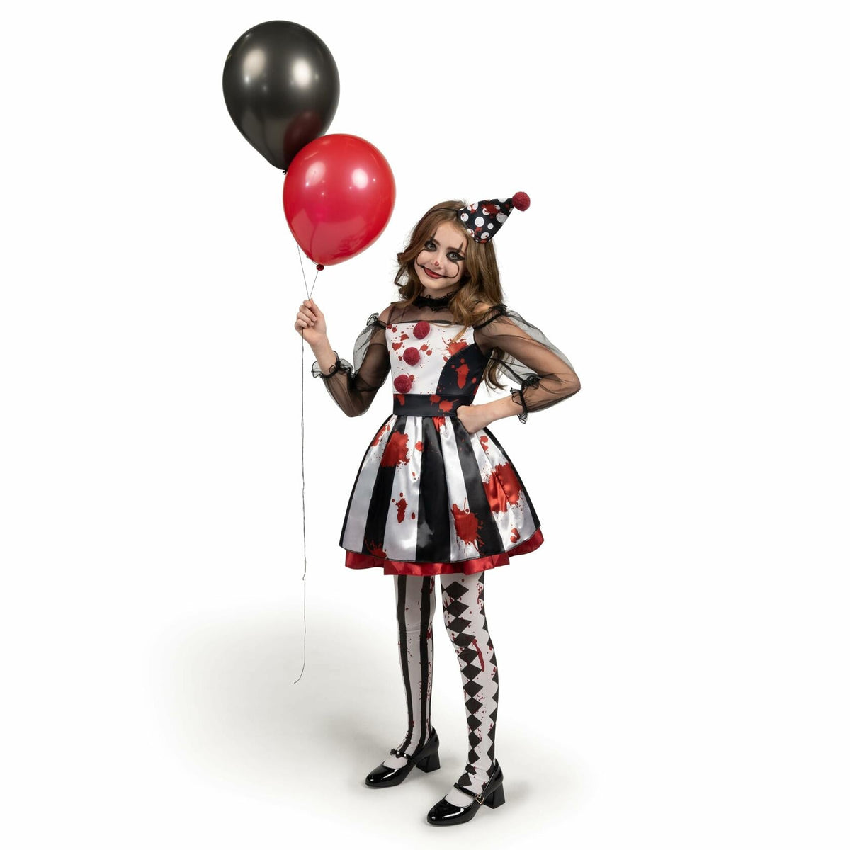[Like New] Girls Scary Clown Costume Spooktacular Bloody Jester Dress Black White S