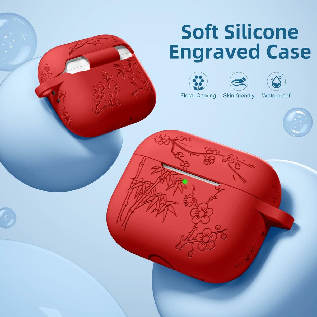 Odbeai AirPods Pro 2nd Gen Case Flower Engraved Soft Silicone Blue Cover