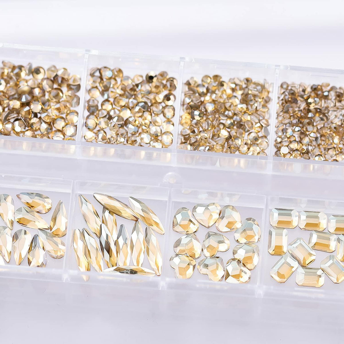 Nail Rhinestones Champagne Gold 1130pcs Flat Back 12 Grids DIY Craft