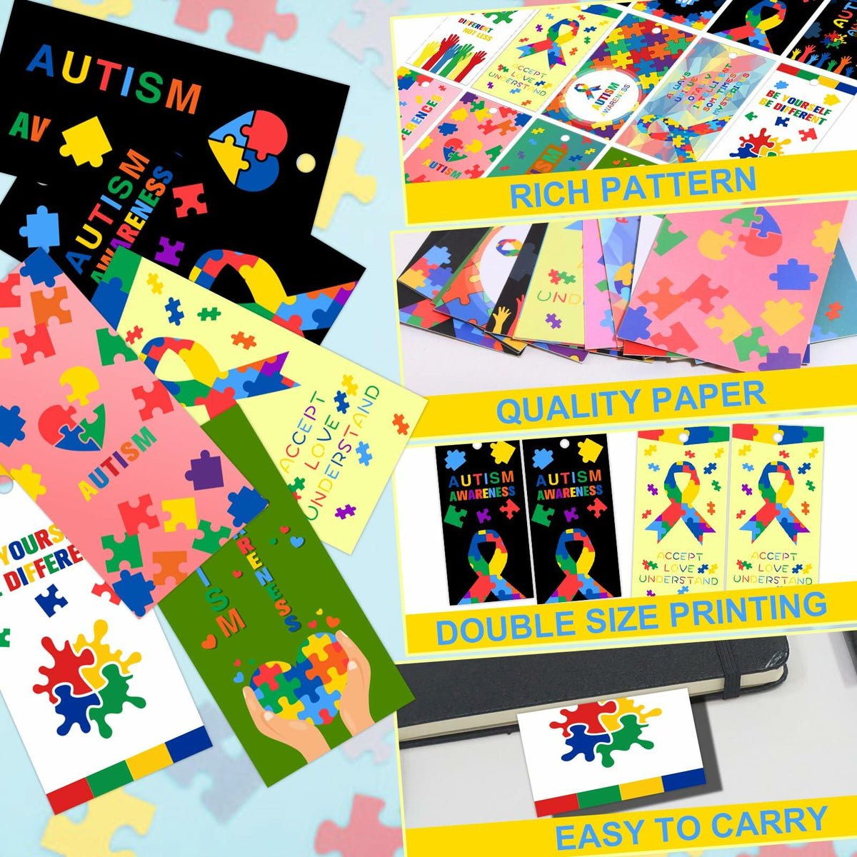 HUGAUTISM 180 Pcs Autism Awareness Calming Sensory Bookmarks Multicolor