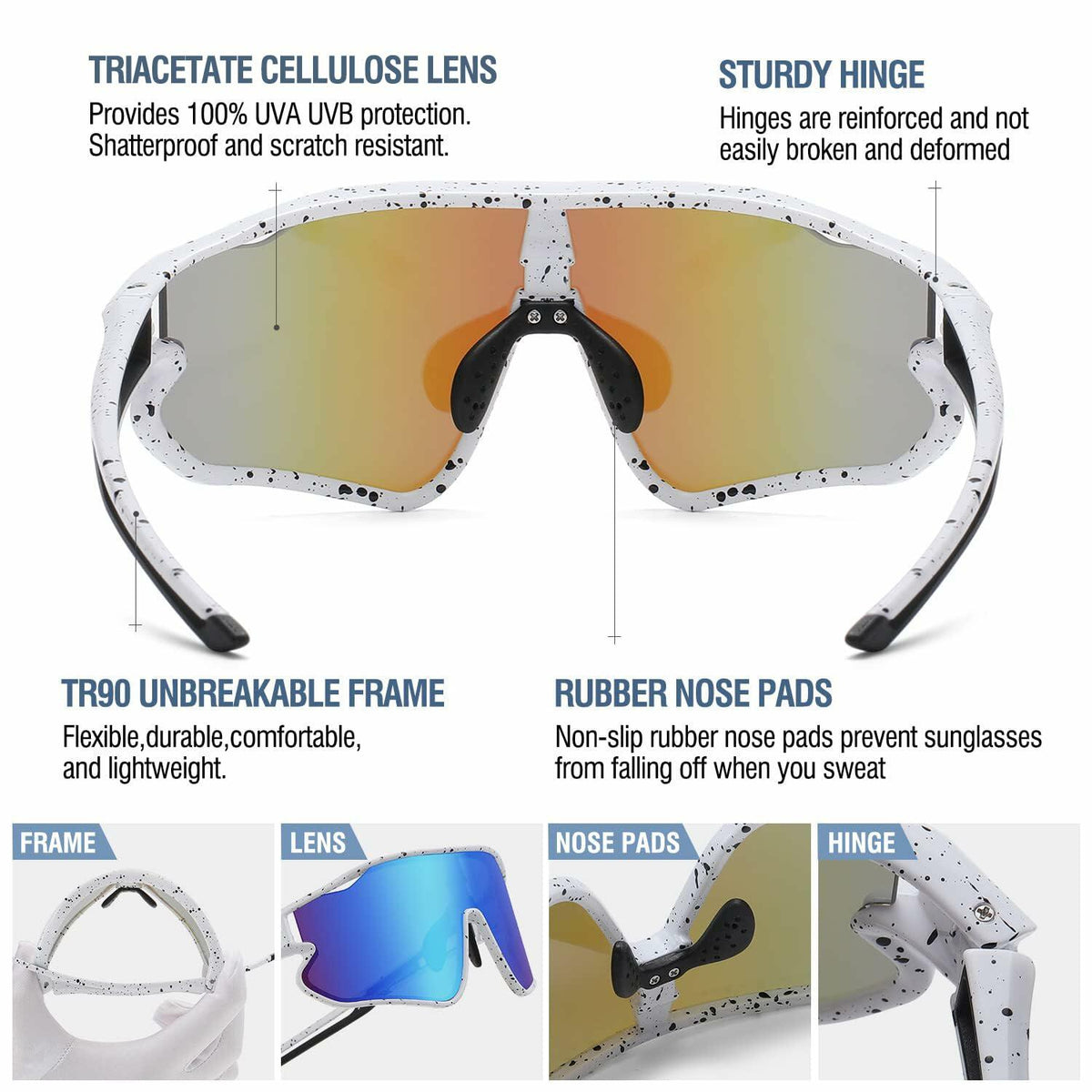 DUCO Kids Sunglasses Youth Baseball UV400 TR90 Frame Sports Shades White Black