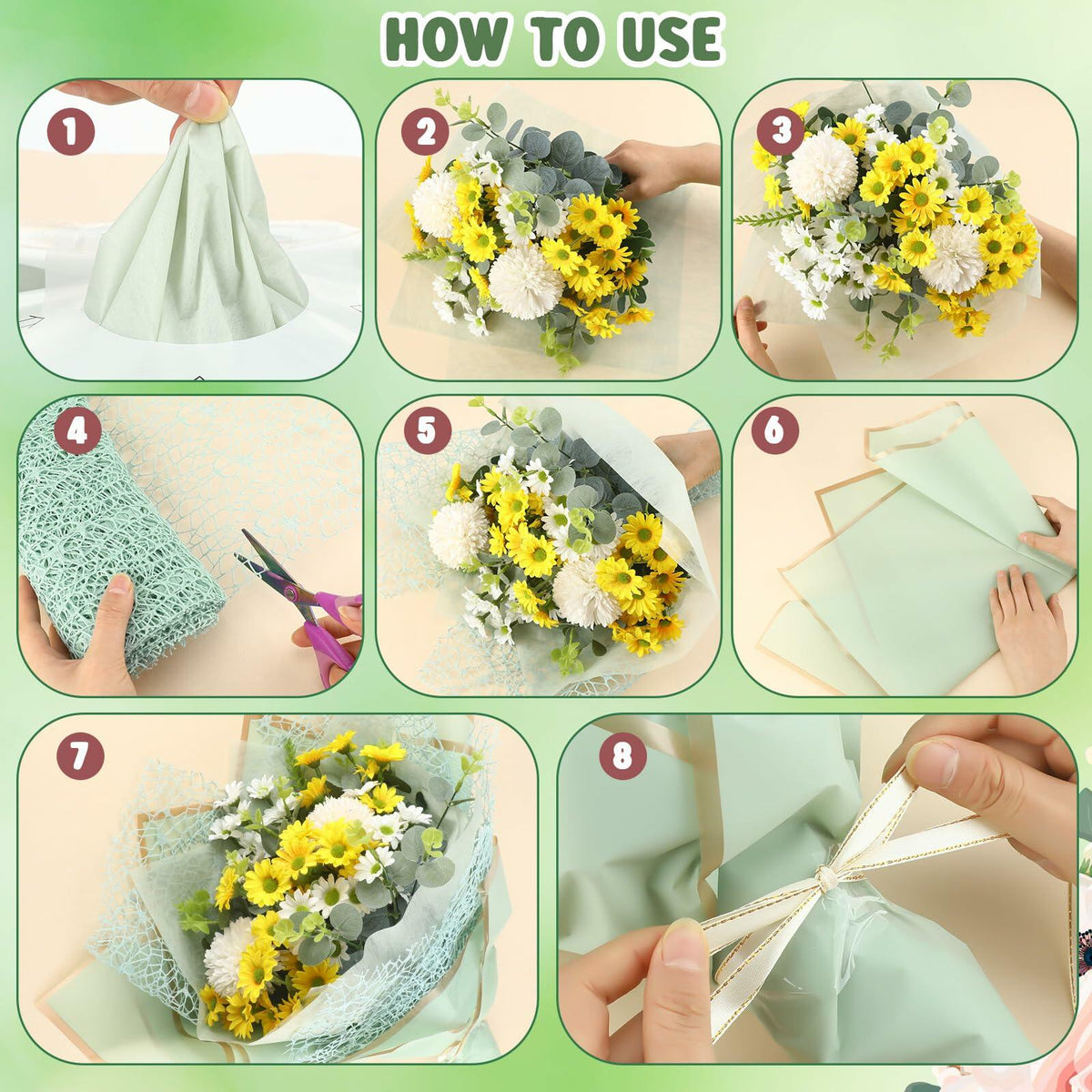 Qilery 334 Pc Flower Wrapping Paper Waterproof Floral Butterfly White Green