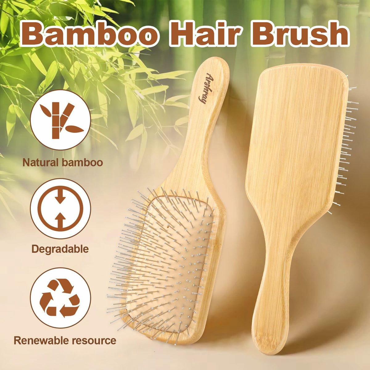 Arshray Bamboo Paddle Hair Brush Stainless Steel Teeth All Hair Types