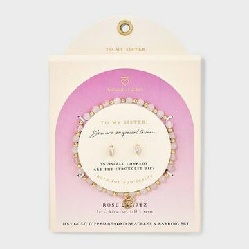 Double Heart Charm Beaded Bracelet & Stud Earrings Set Rose Quartz 2pc