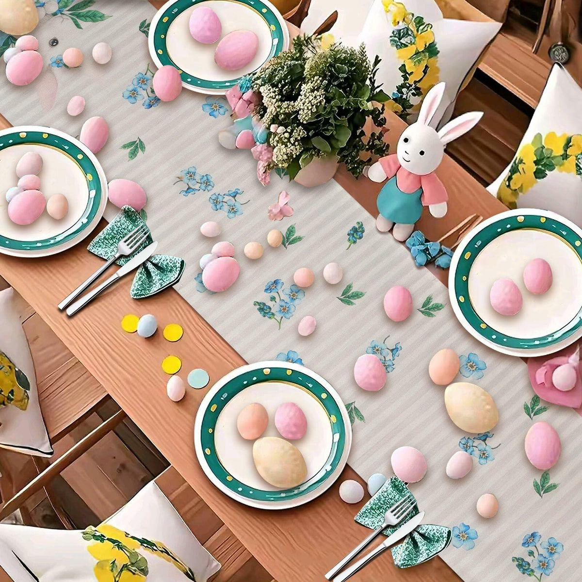 Hamiutci Easter Table Runner 13x72in Blue Bunny Floral Spring Decor