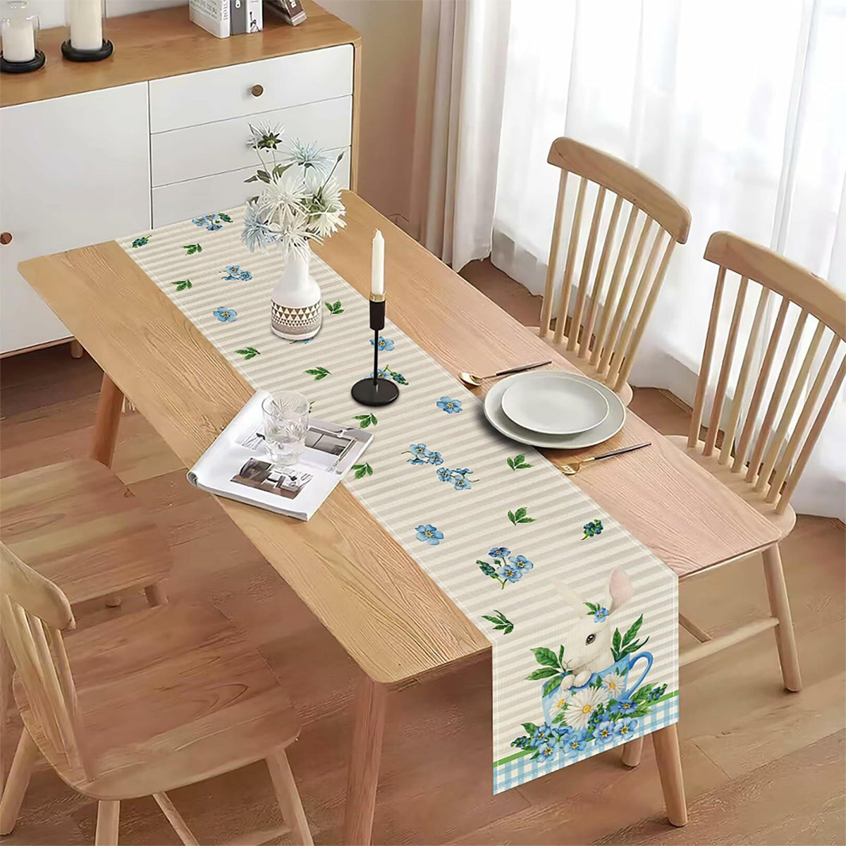 Hamiutci Easter Table Runner 13x72in Blue Bunny Floral Spring Decor
