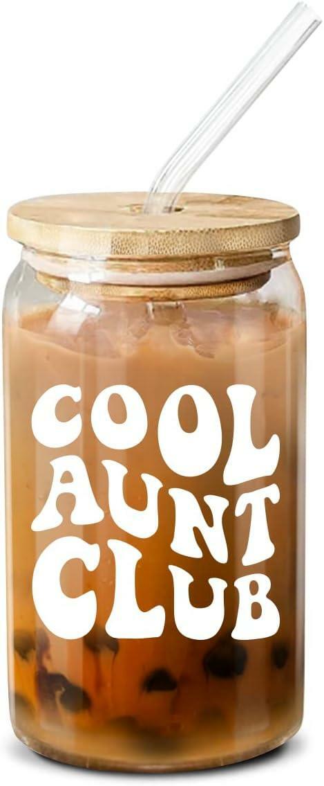 MEOGUTYI Cool Aunties Nephew 16oz Glass Can Shaped Cups with Lids & Straws