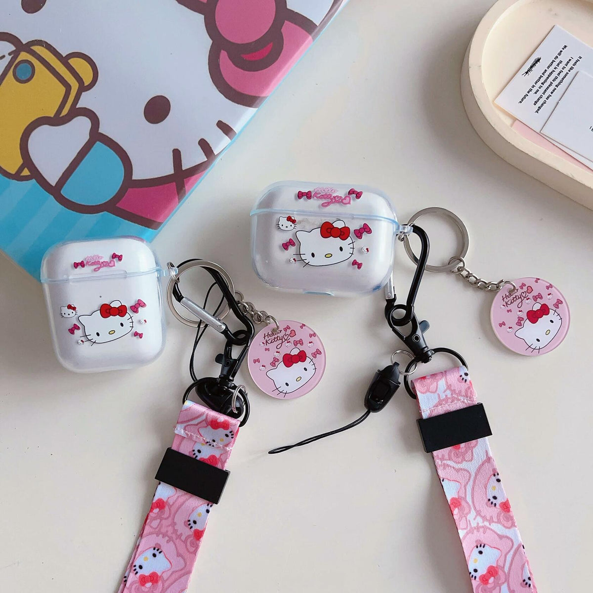 LZHZXM Hello Cartoon Cat TPU Case with Pink Lanyard Keychain Transparent
