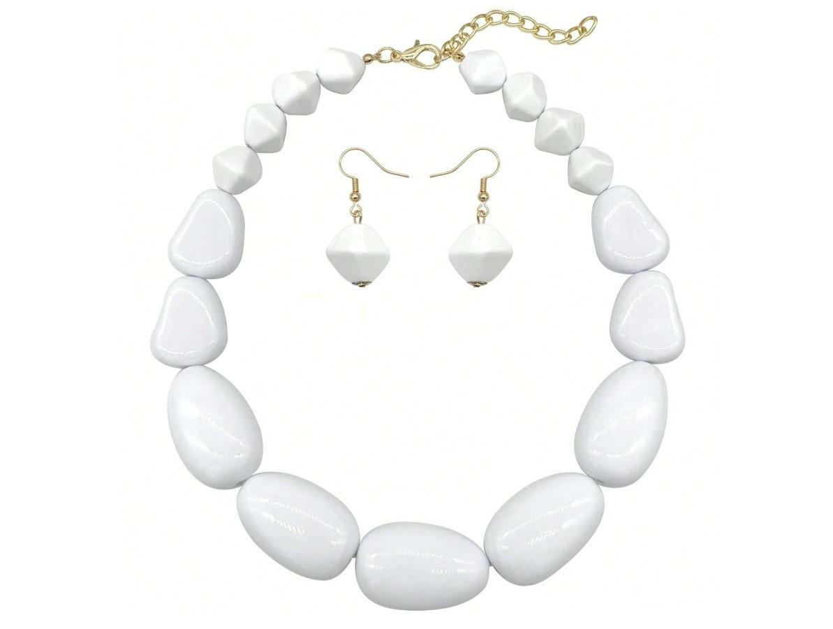 JHWZAIY White Acrylic Beaded Necklace Chunky Statement 02 Set