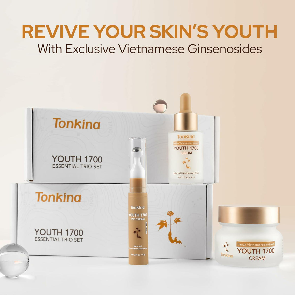 Tonkina Youth 1700 Trio Set Vietnamese Ginseng Serum Eye Cream Bakuchiol