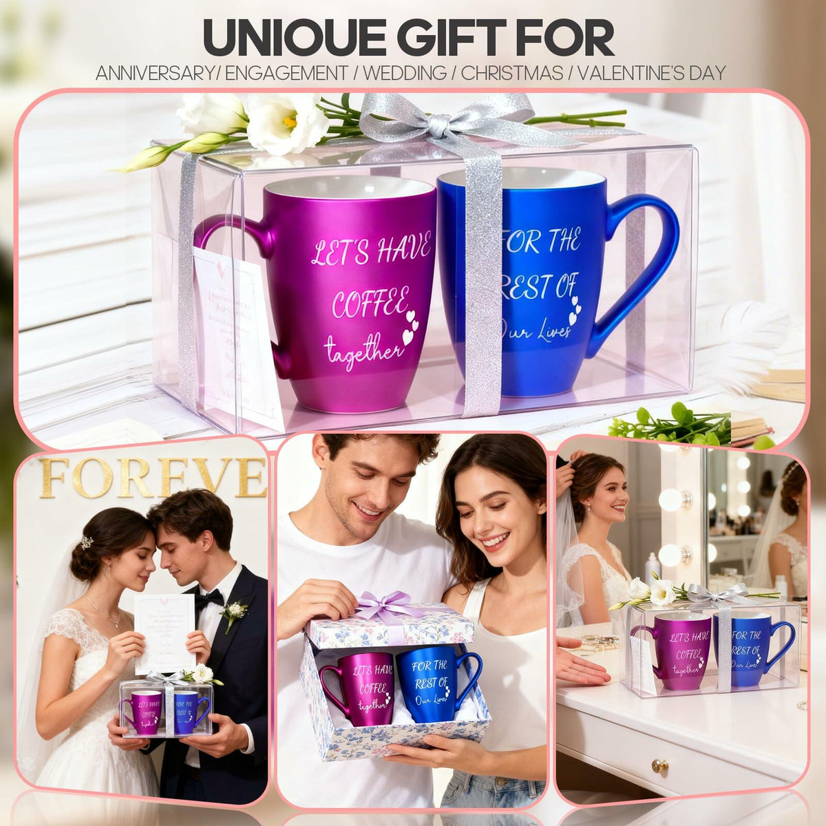 GMUGS Ceramic Coffee Mugs Set 11oz Purple Blue Wedding Bride Groom Gift