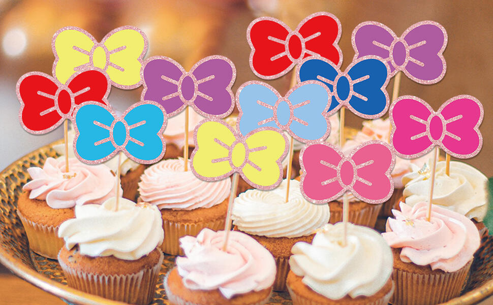 Hokinaa Kawaii Bow Cupcake Toppers 24 Pcs Cute Kitten Multi Colors