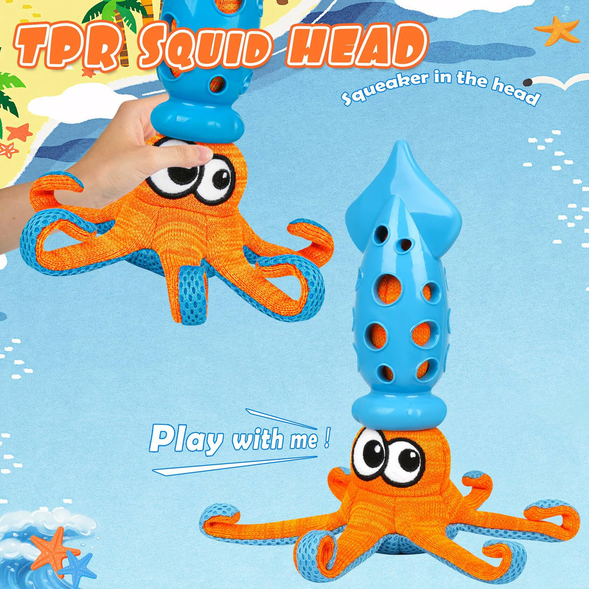Qonline Squid Shaped Squeaky Dog Toy TPR Material Orange Interactive Play