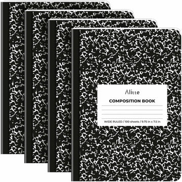 [Like New] Alitte Composition Notebooks 4-Pack Wide Ruled 9.75x7.5 Black Marble