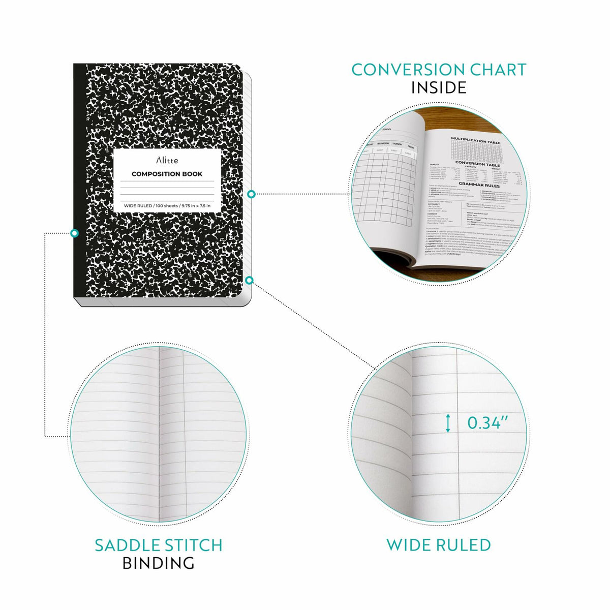 [Like New] Alitte Composition Notebooks 4-Pack Wide Ruled 9.75x7.5 Black Marble