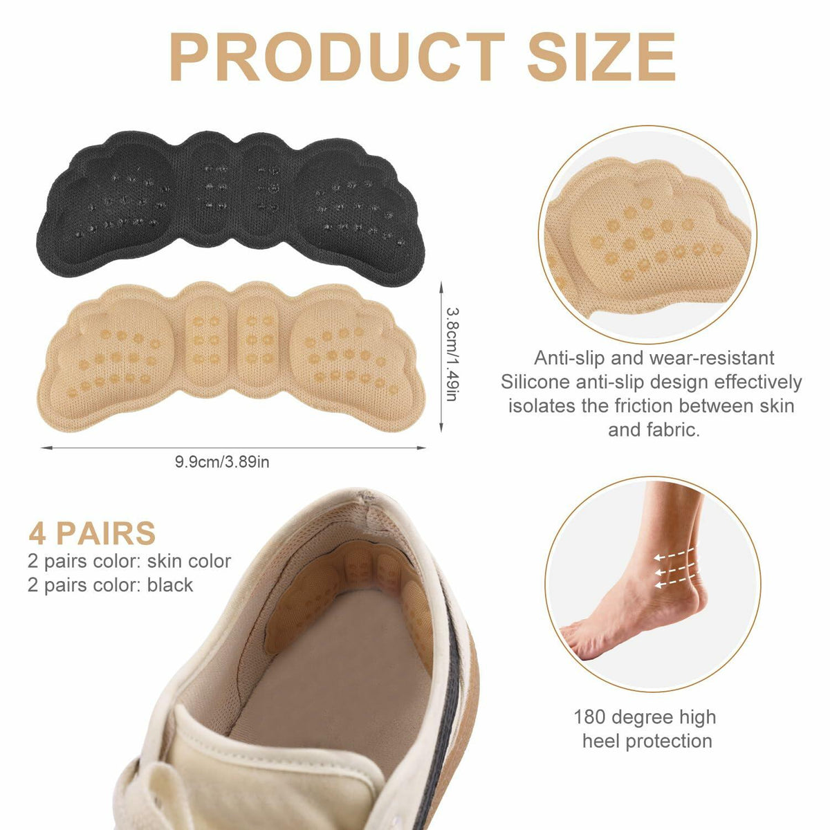 Gosknor 4 Pairs Heel Protector Pads Foam Inserts Cushion Black Skin Color