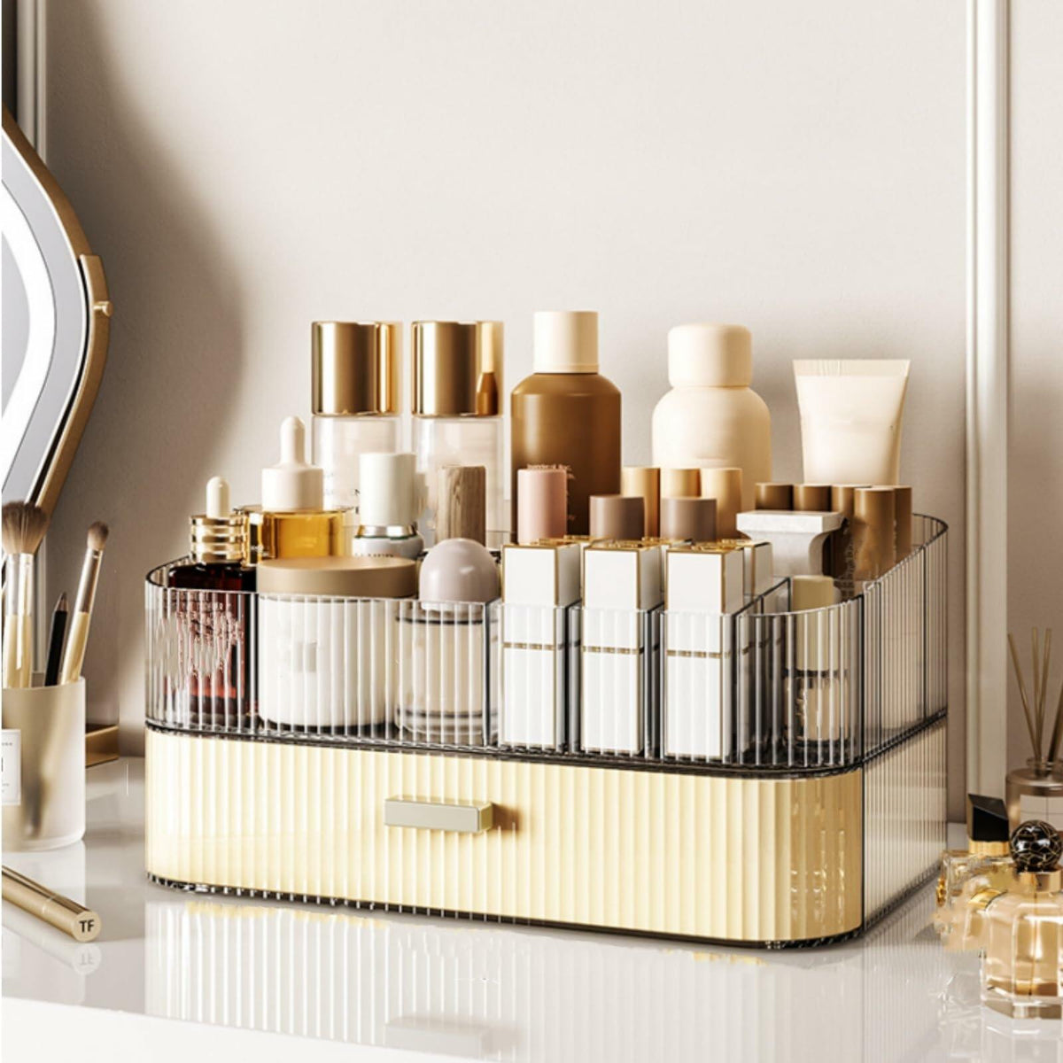 Acshio Clear Makeup Organizer with Drawer Stackable Vanity Storage Dustproof