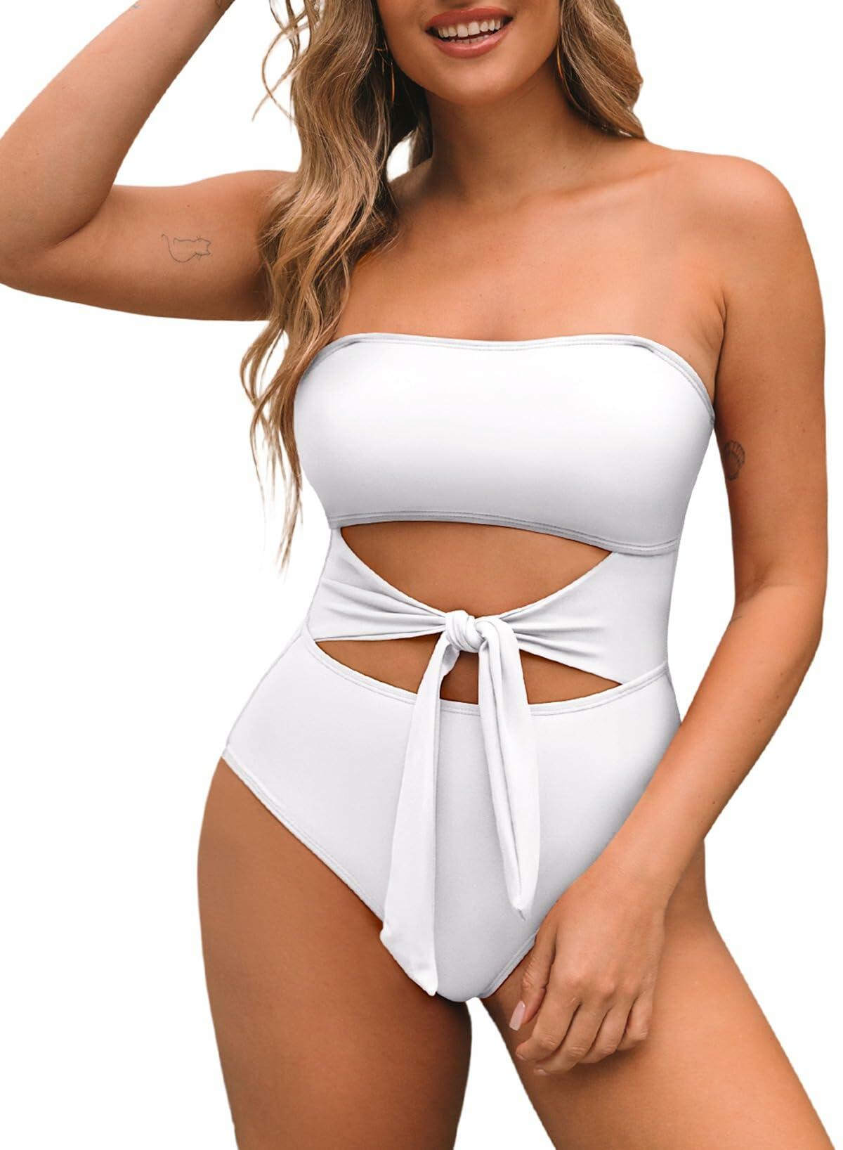 Pink Queen Women One Piece Swimsuit Removable Strap Cutout Tummy Control WhiteXL
