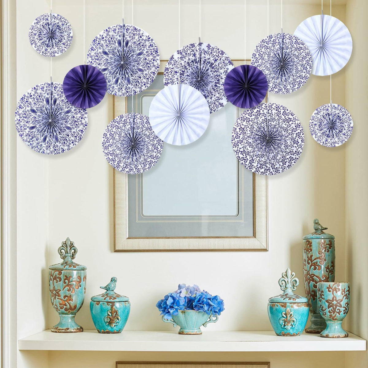 Wonderjune Chinoiserie Hanging Paper Fans Blue White 12 Pcs Party Decor