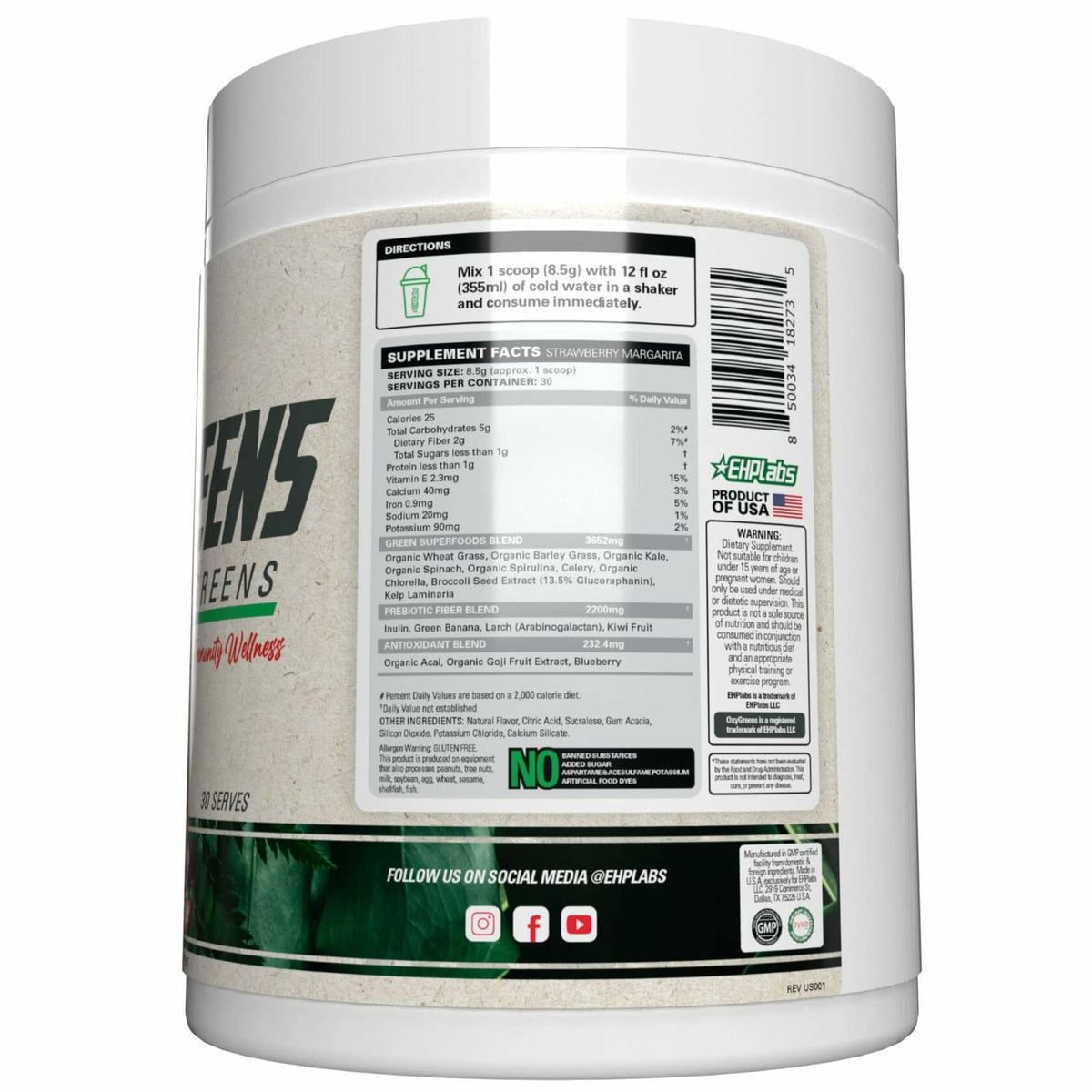 BestBy10/25 EHP Labs OxyGreens Super Greens Powder 30 Serve Strawberry Margarita