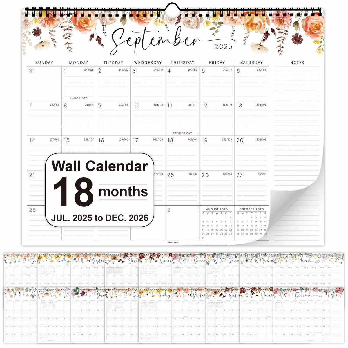 36AQUA Floral Wall Calendar 2025-2026 11x14" 18-Month Thick Paper