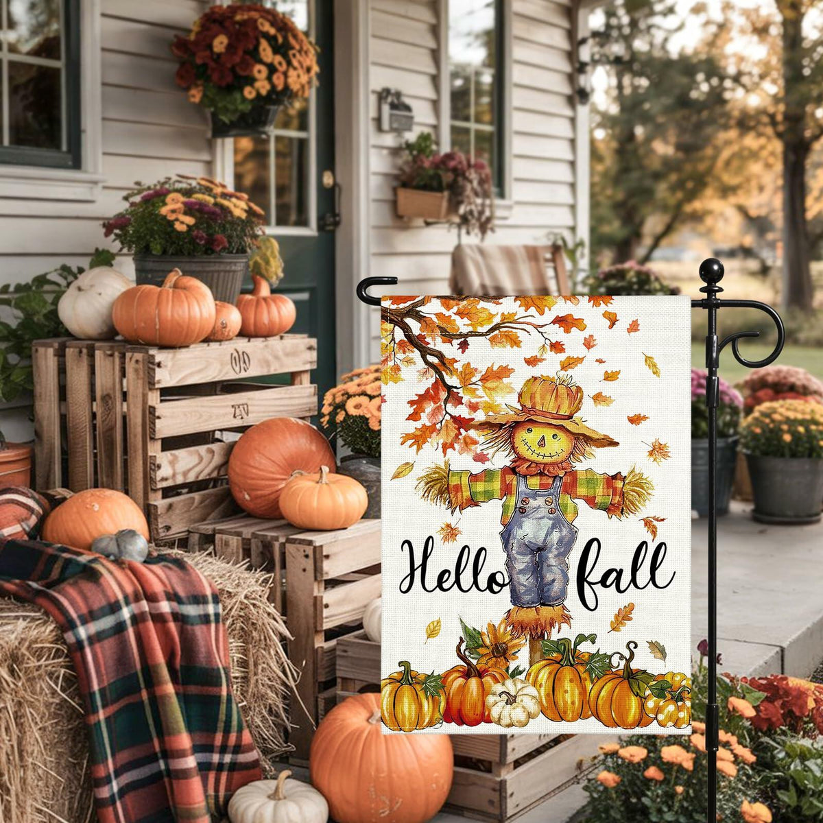 Artscope Fall Maple Leaves Scarecrow Pumpkin Garden Flag 12x18 Inch Polyester