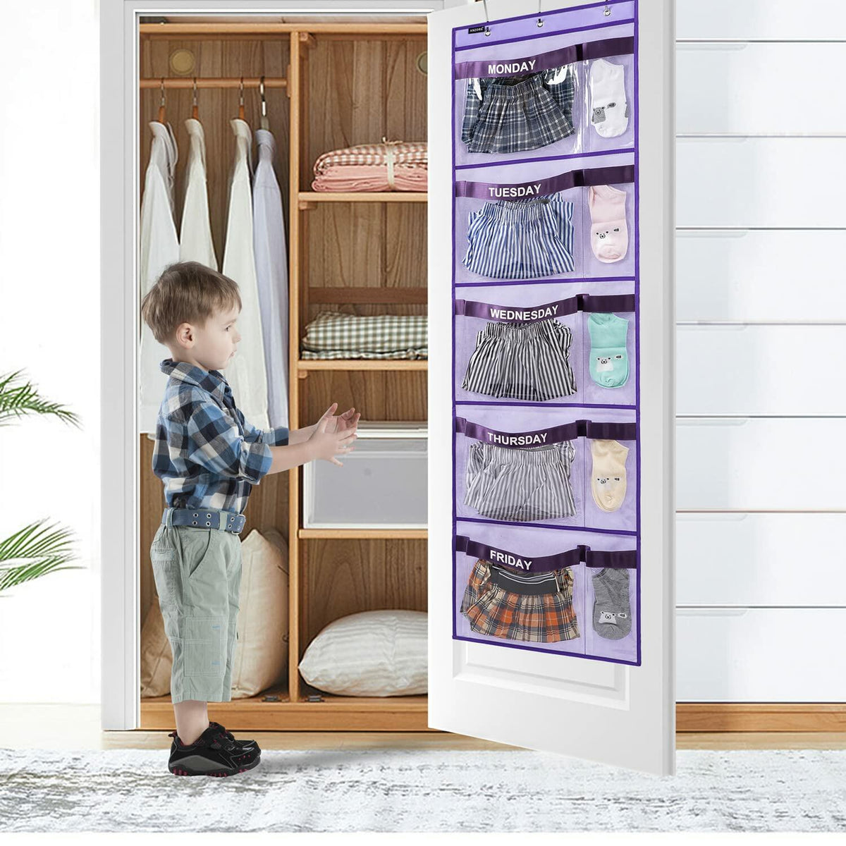 ANZORG Hanging Closet Organizer Kids Weekly Clothes Storage Purple