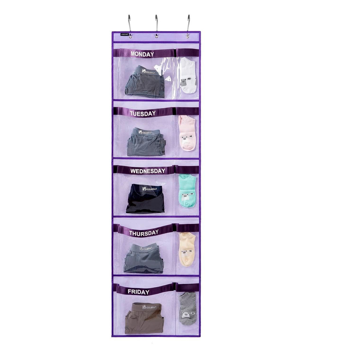 ANZORG Hanging Closet Organizer Kids Weekly Clothes Storage Purple