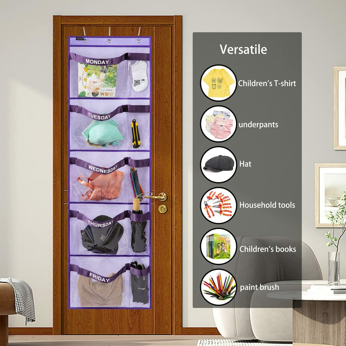 ANZORG Hanging Closet Organizer Kids Weekly Clothes Storage Purple