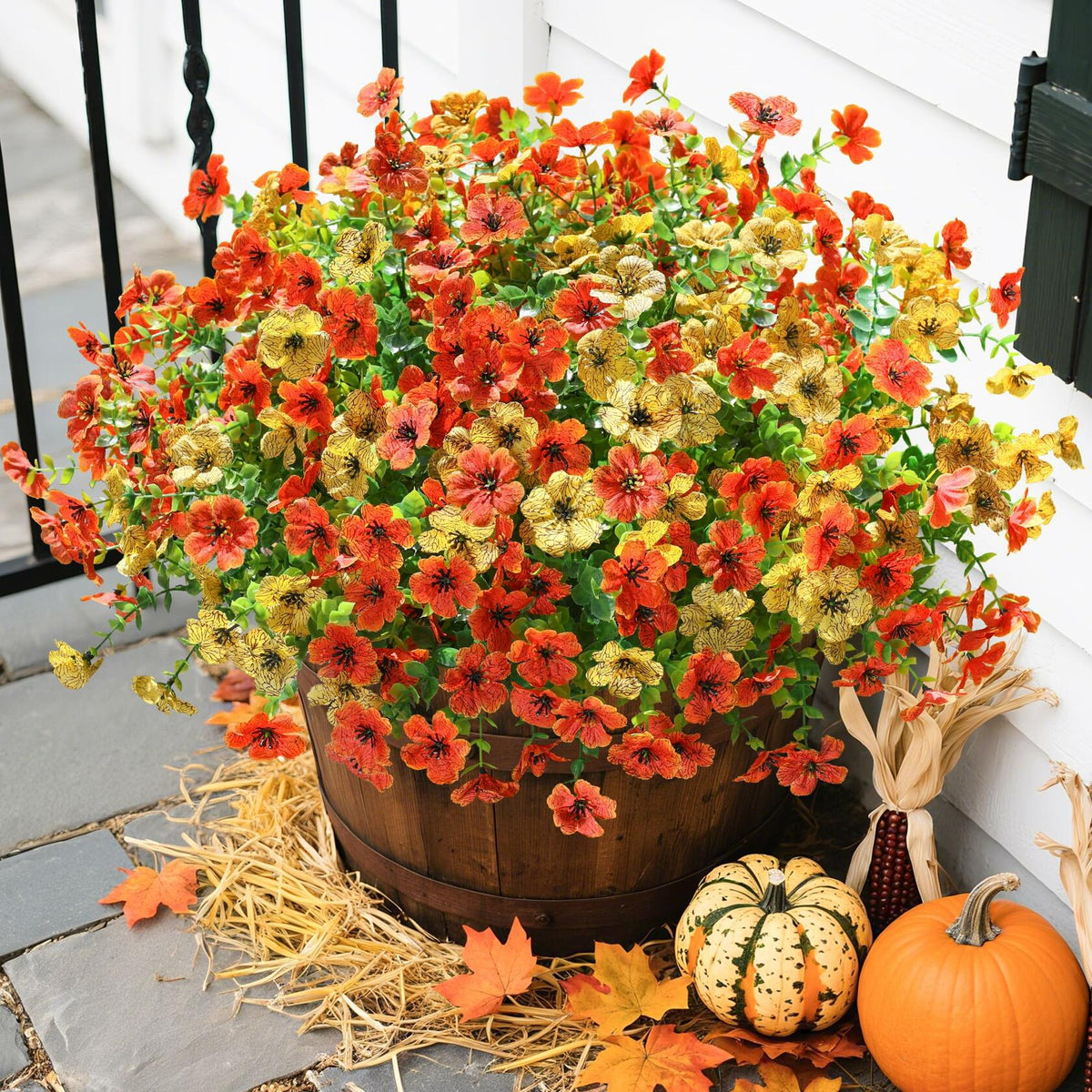 florisso Artificial Fall Mums Outdoor Decoration Orange Yellow 12 Bundles