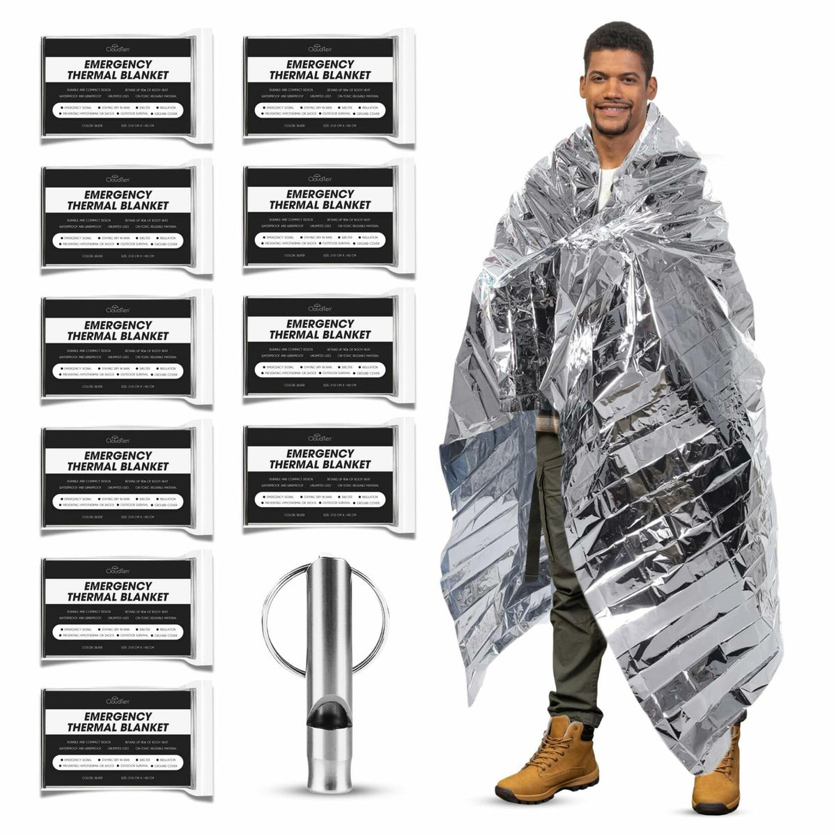 CloudTen Emergency Blanket Bundle 10 Tear Resistant Mylar Blankets Whistle