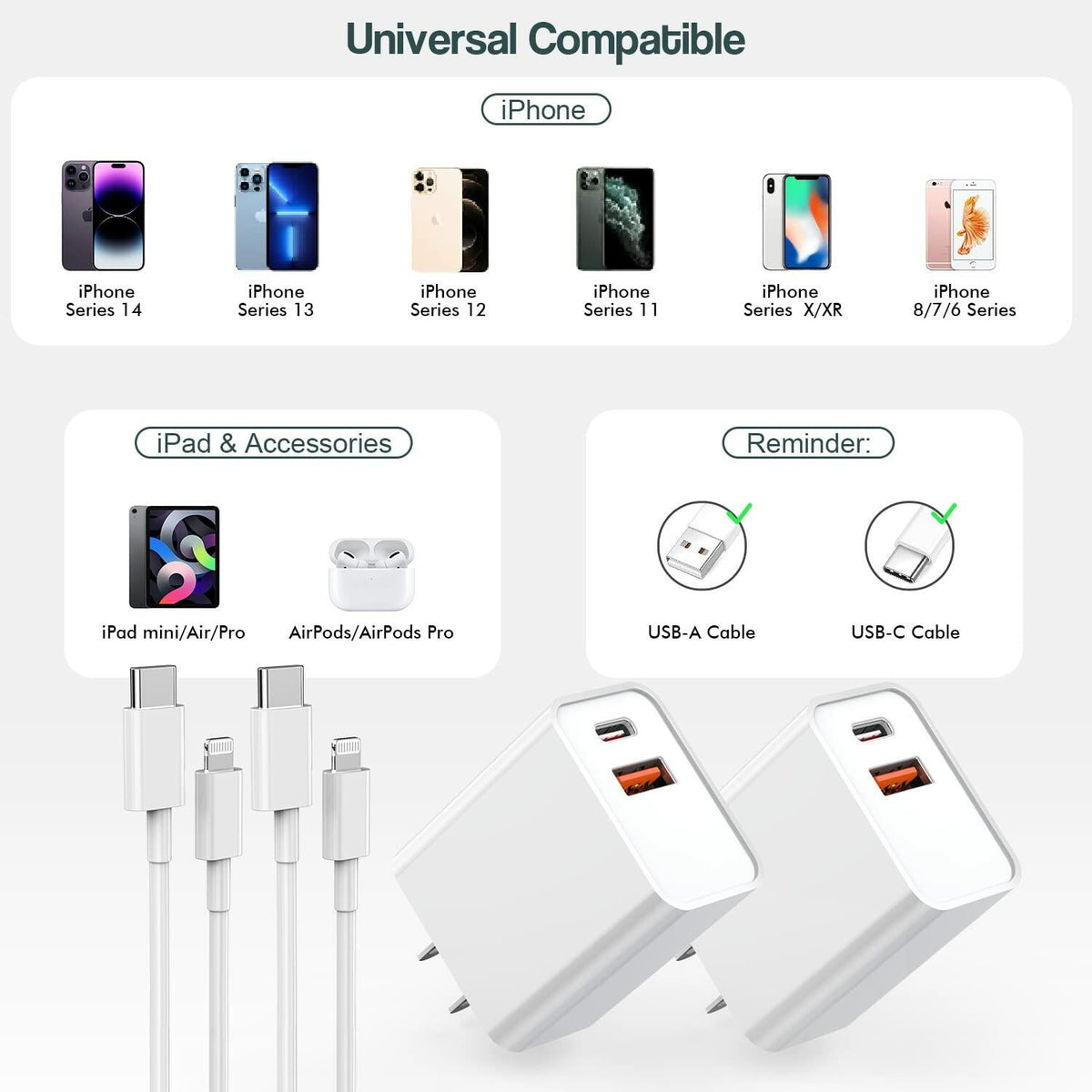 Fitquipment Fast 20W Dual Port QC+ USB C Charger 2Pack White 6FT Cable