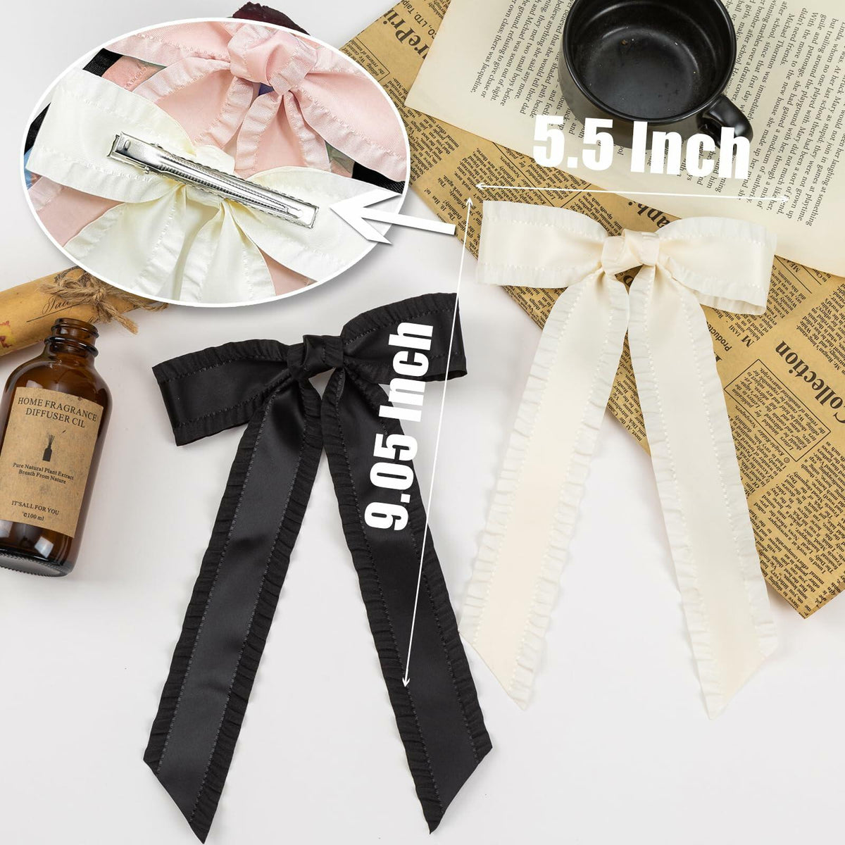 Beooly Hair Bows 2PCS Metal Hair Clips Beige Black Large Barrettes